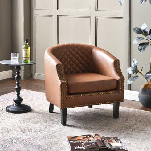 Louis Faux Leather Tufted Club Chair - Brown Accent Chair | Decorative Accent Chairs | Kinwell Furniture | Modern Club Chairs | Barrel Club Chair | Nailhead Trim Chair | Contemporary Faux Leather Chair | Elegant Brown Chair